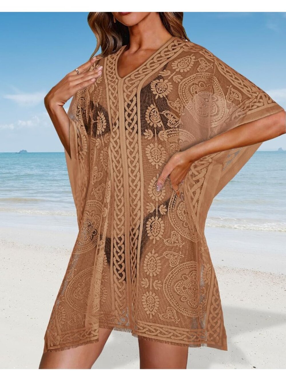 〽️Women's Brown V Neck Beach Loose Bikini Lace Bathing Suit Polyester Cover Up